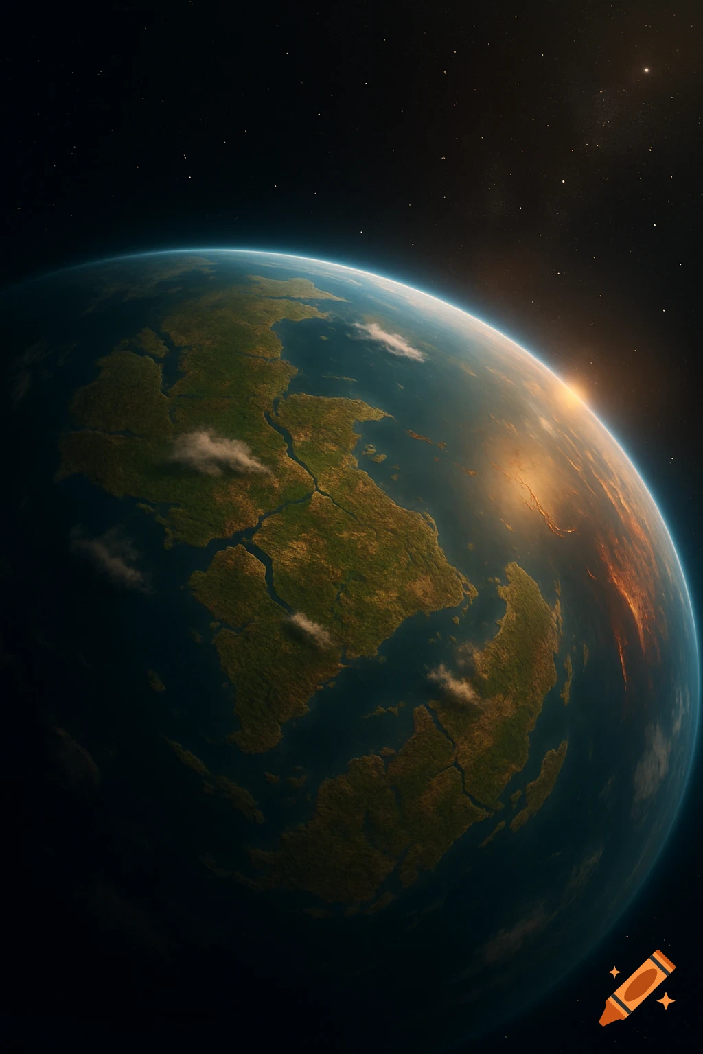 A detailed view of a green and brown planet from space, with blue oceans and clouds, illuminated by a sun setting or rising on the horizon.