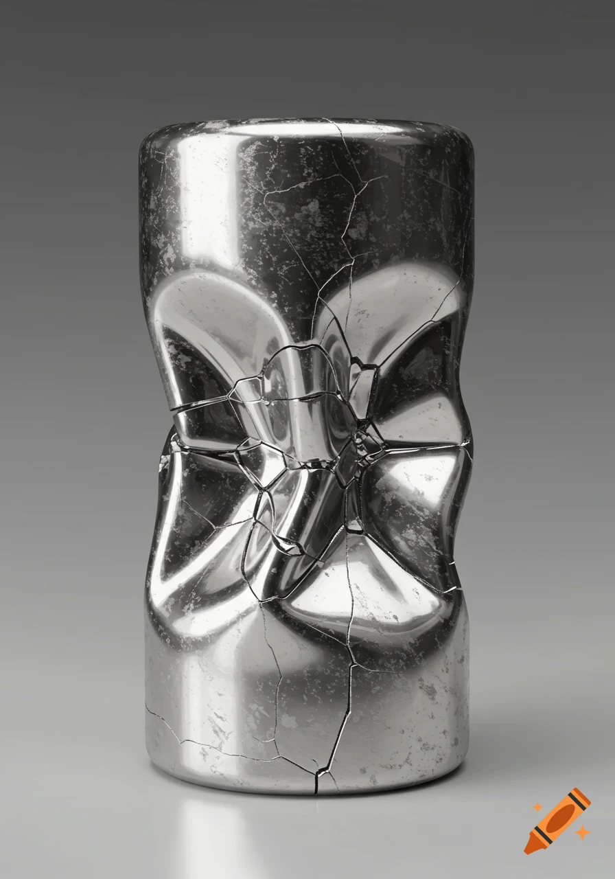 A highly reflective, severely dented and cracked silver cylindrical object on a gray background.