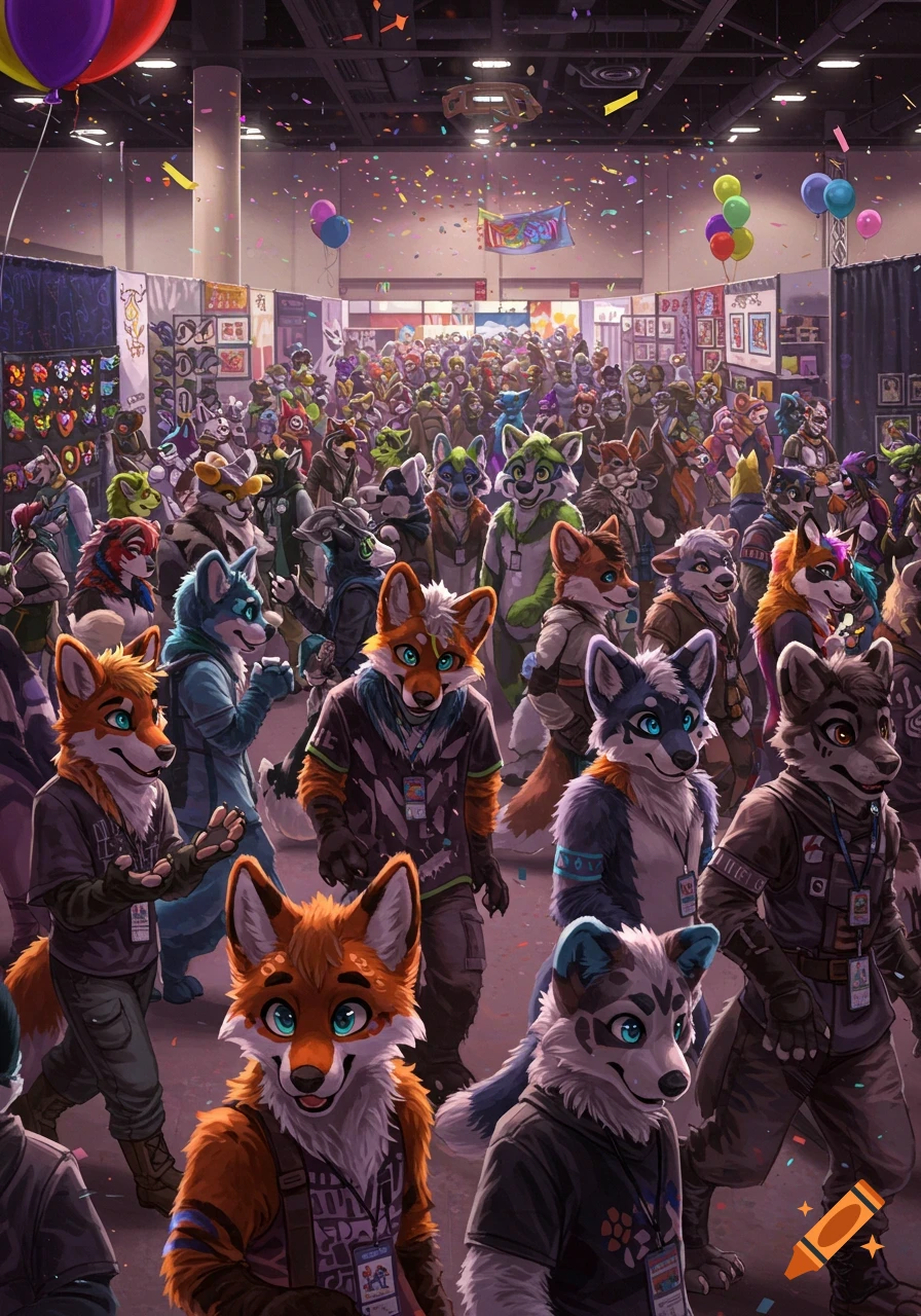 A bustling fursuit convention hall filled with a diverse crowd of anthropomorphic characters in colorful, detailed costumes, with confetti in the air.