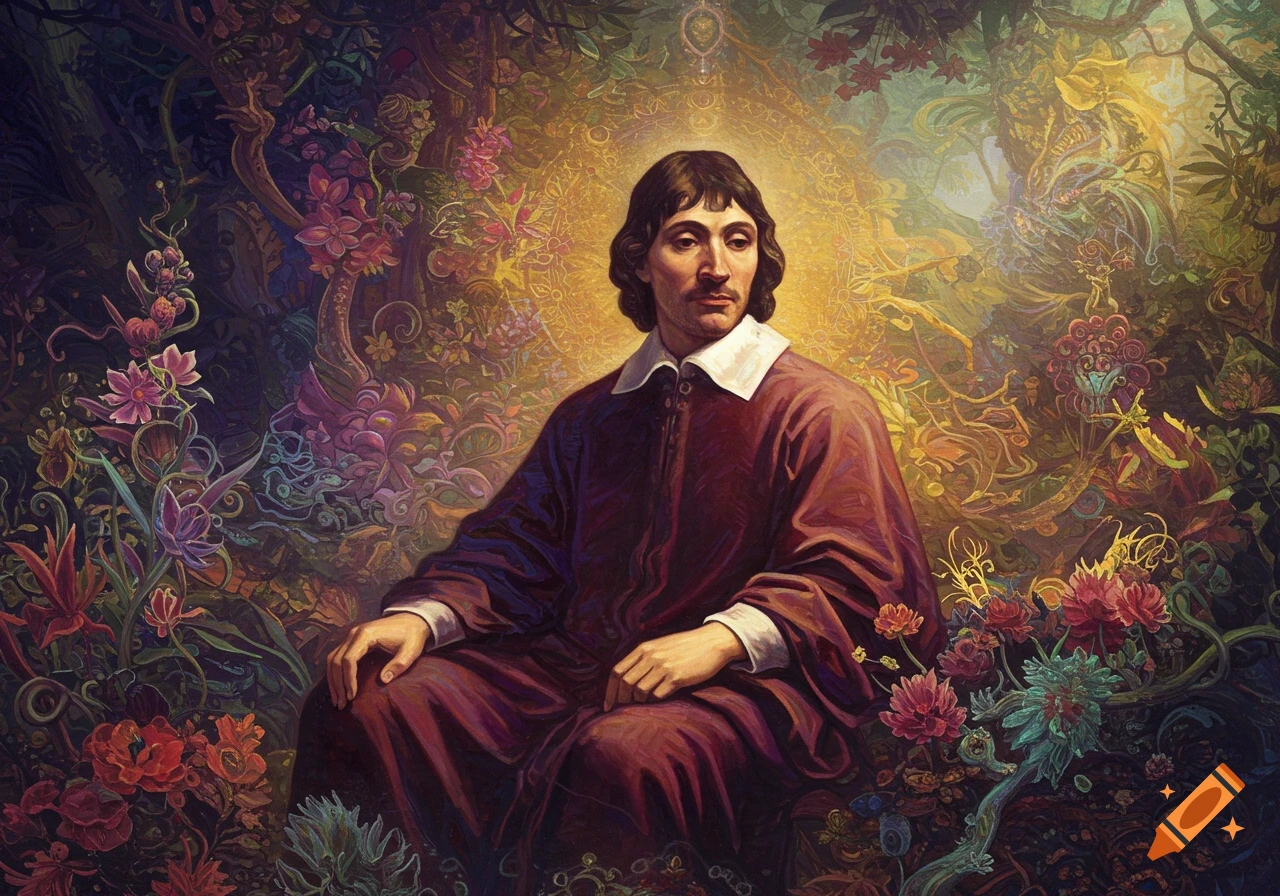 Painterly portrait of Descartes in a dark red tunic, seated amidst a vibrant, psychedelic jungle with glowing, intricate flowers.