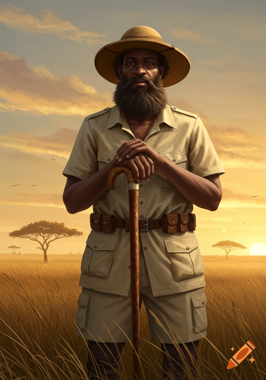 A man with a beard and a safari hat, wearing a khaki outfit and holding a cane, stands in a golden field at sunset.