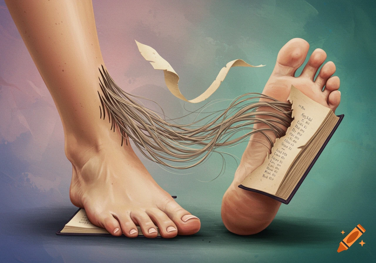A surreal illustration of two feet, one resting on an open book, and the other with a book embedded in its sole from which strands of hair emerge and connect to the other leg.