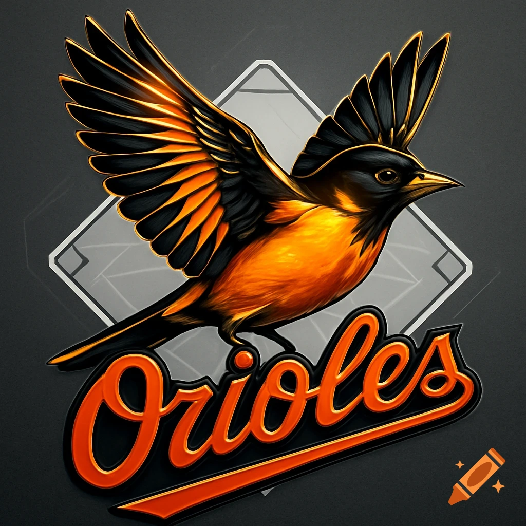 Stylized logo of a vibrant orange and black oriole bird with outstretched wings, above the word "Orioles" in a baseball-style font, set against a dark background with a subtle diamond shape.
