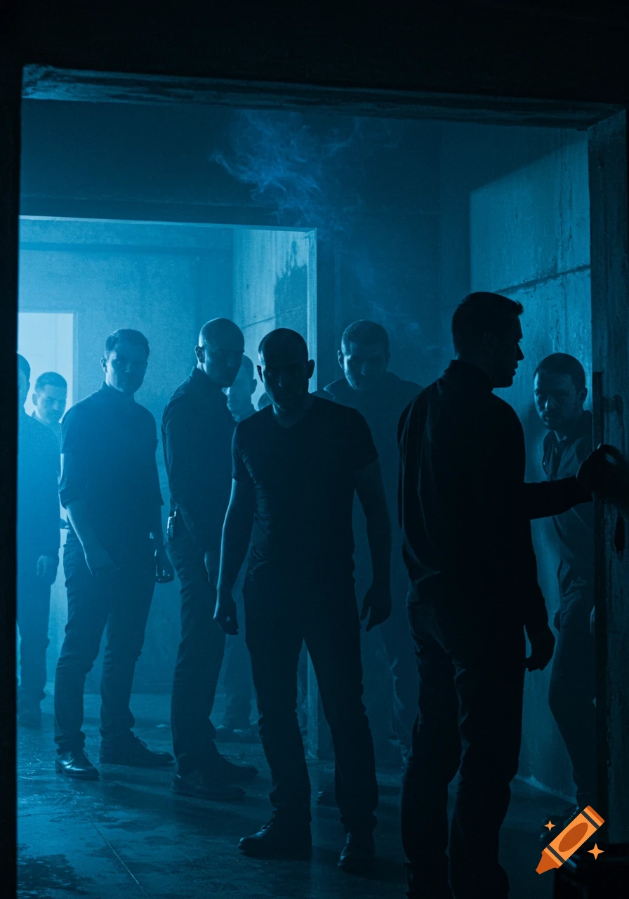 Group of men in dark clothing stand in a blue-lit, smoky room, silhouetted in a tense atmosphere.