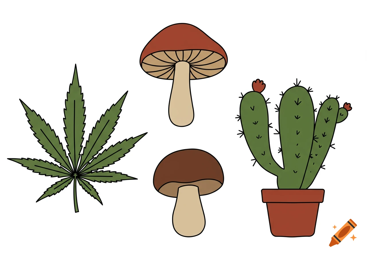 A simple line drawing of a cannabis leaf, two mushrooms, and a potted cactus arranged in a collage.