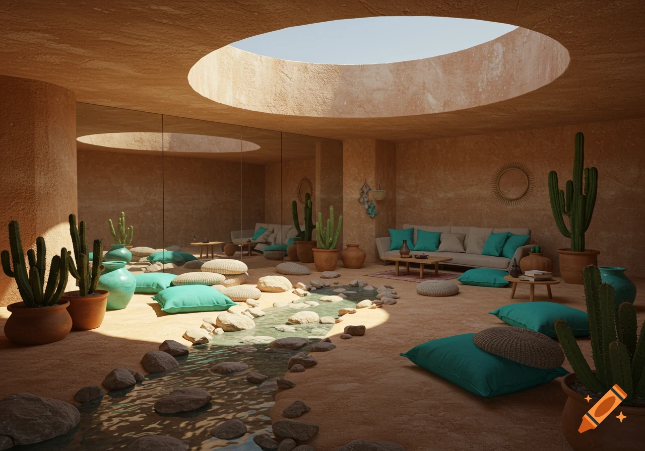 Photorealistic image of a desert boho subterranean home with a circular skylight, mirror wall, cactuses, turquoise accents, and an indoor stream.