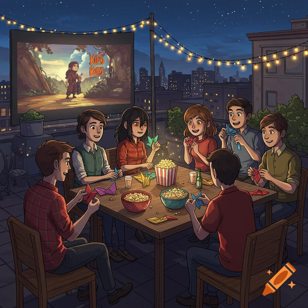 A cartoon illustration of six people on a city rooftop at night, watching a movie projection, eating popcorn, and folding origami. String lights illuminate the scene, with a city skyline in the background.