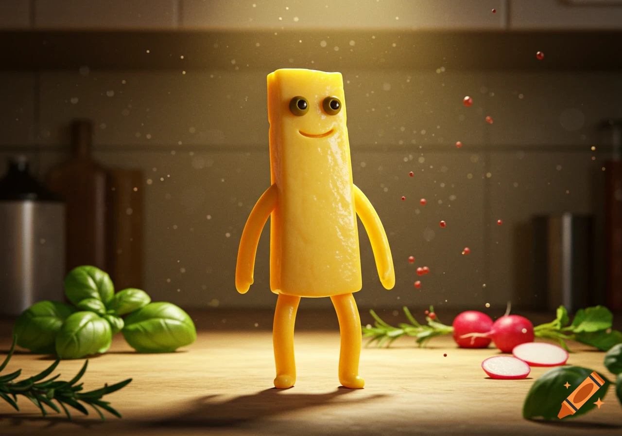 A cartoonish humanoid stick of cheese with a smiling face stands on a ...