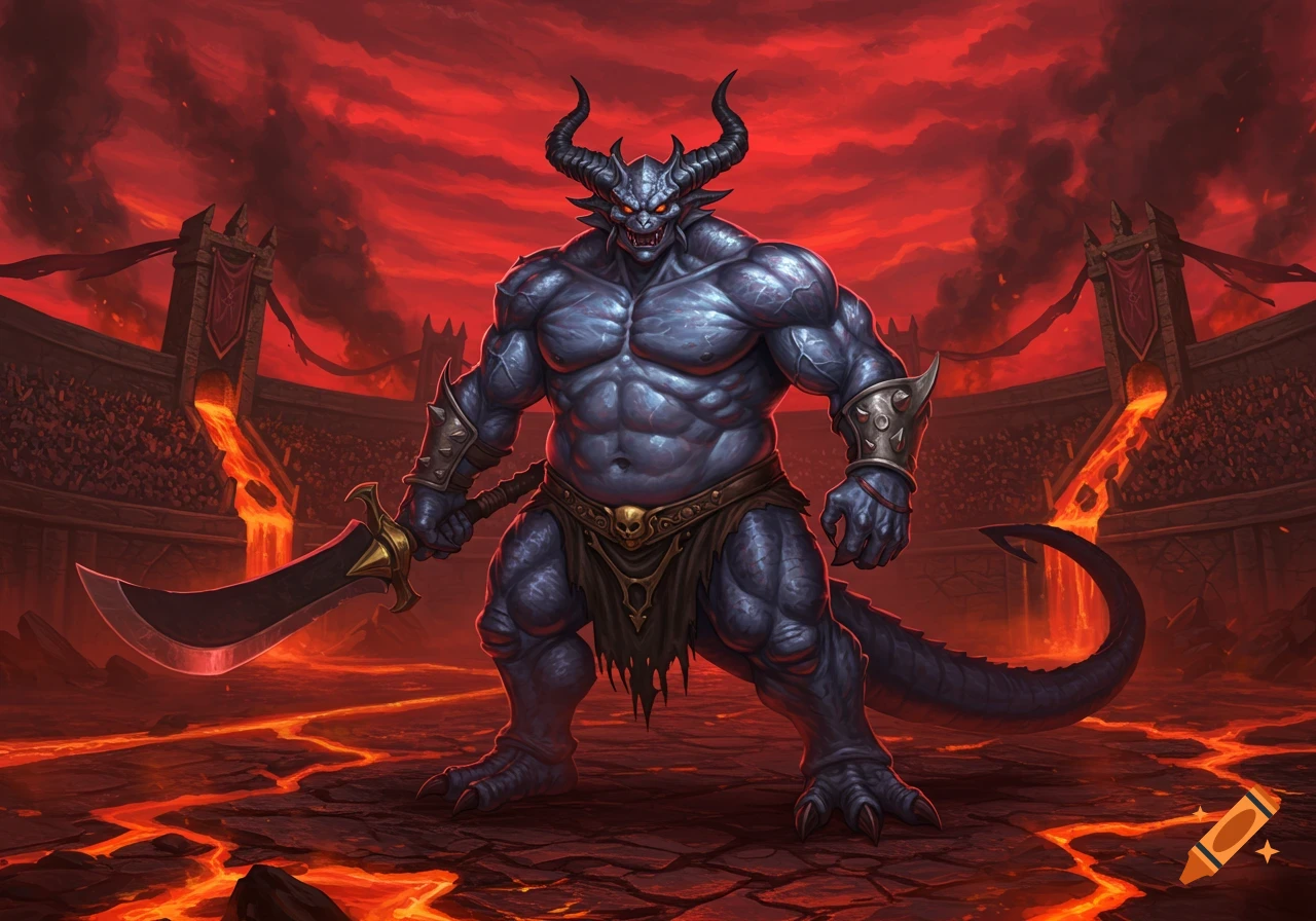A muscular blue-gray demon with horns and a tail stands powerfully in a fiery arena, holding a large sword.