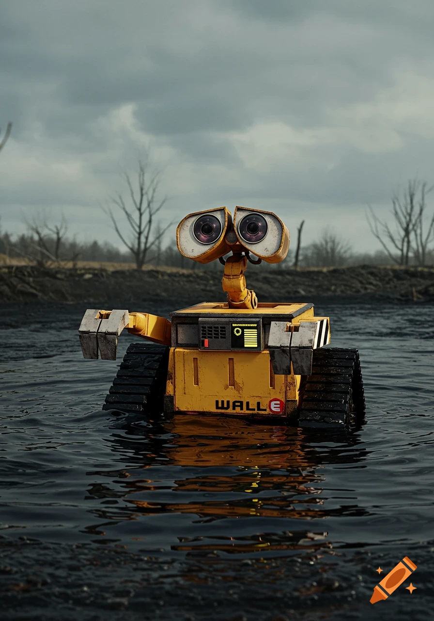 Photorealistic image of WALL-E standing in murky water, with a barren landscape and cloudy sky in the background.