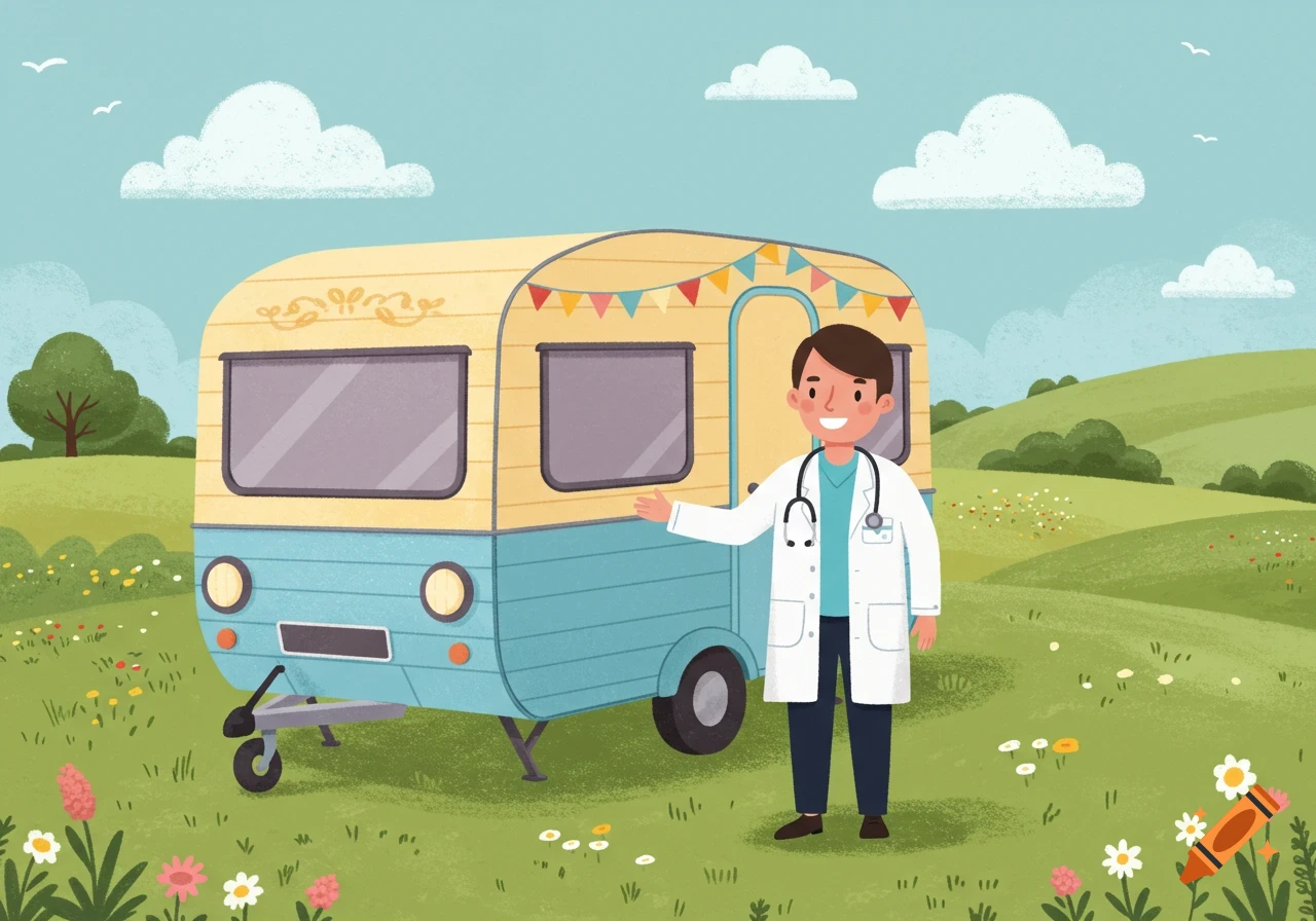 Clipart of a smiling doctor in a white coat next to a colorful caravan in a green, flowery field.