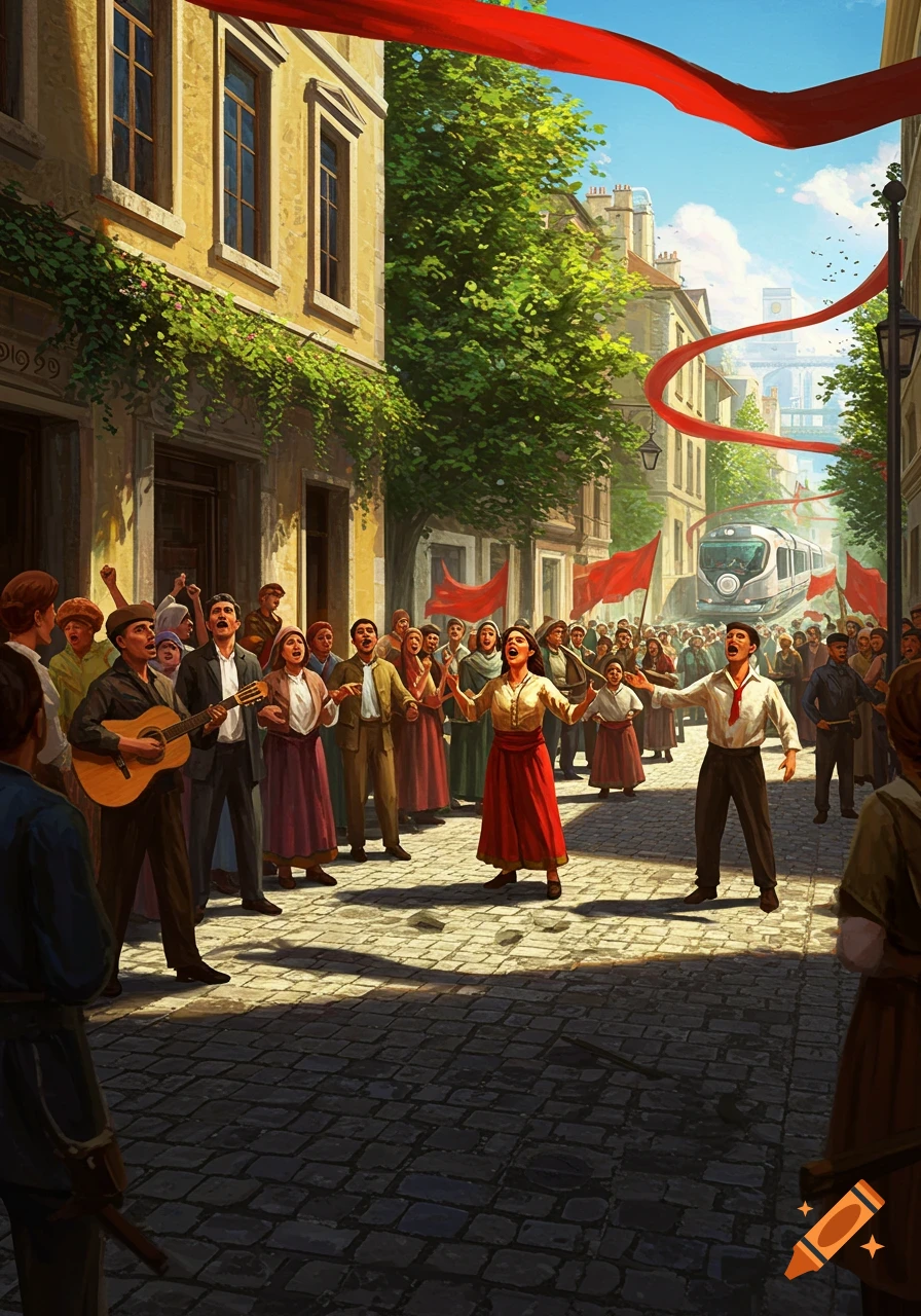 A large crowd of people gather on a cobblestone street, singing and holding red flags. A man plays guitar, a train passes in the background.