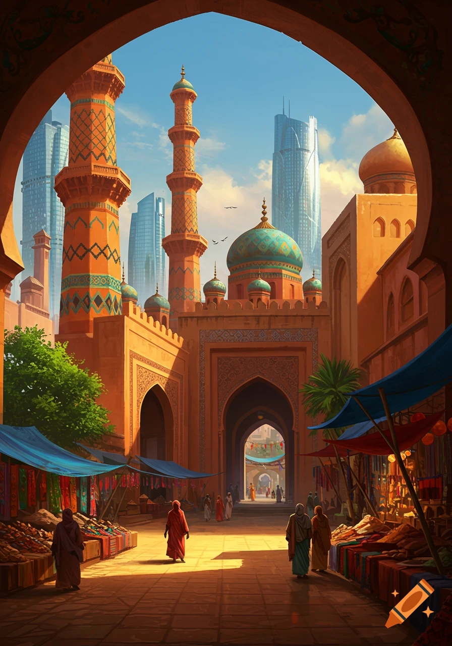 Vibrant marketplace under an archway, flanked by traditional Moorish architecture and modern skyscrapers, with people walking through.
