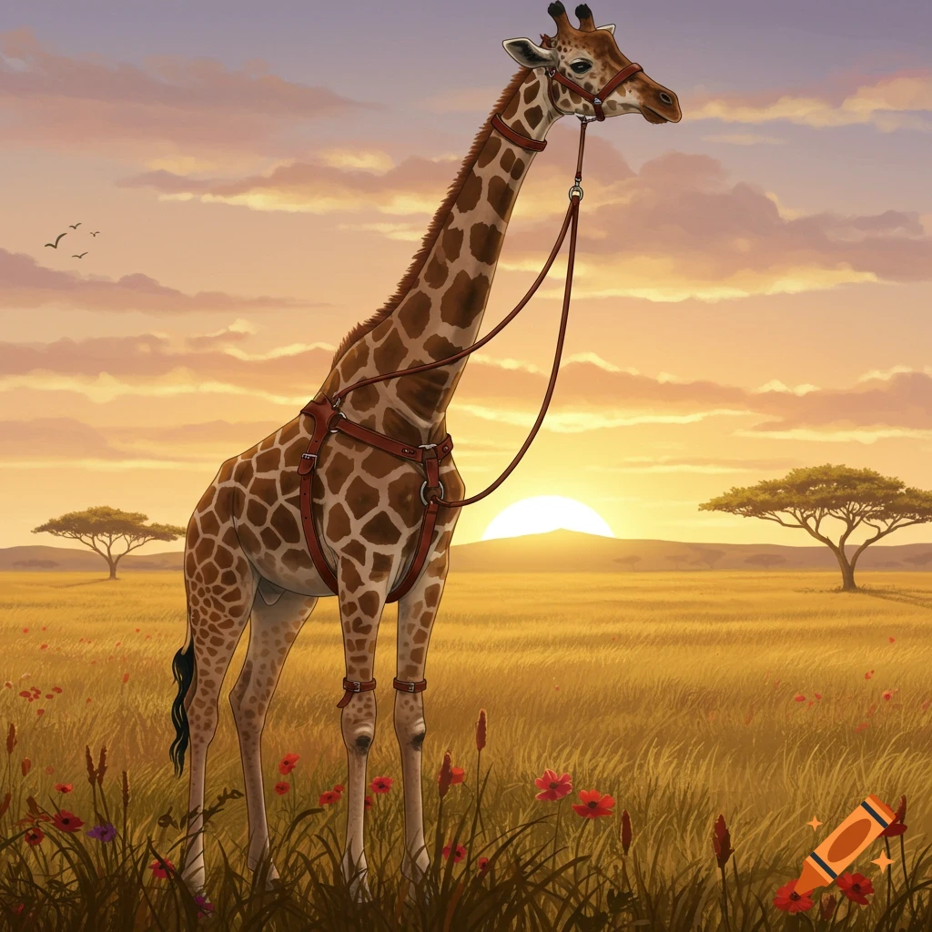 A stylized illustration of a giraffe wearing a brown leather harness and leash, standing in a golden savanna field with red flowers at sunset.