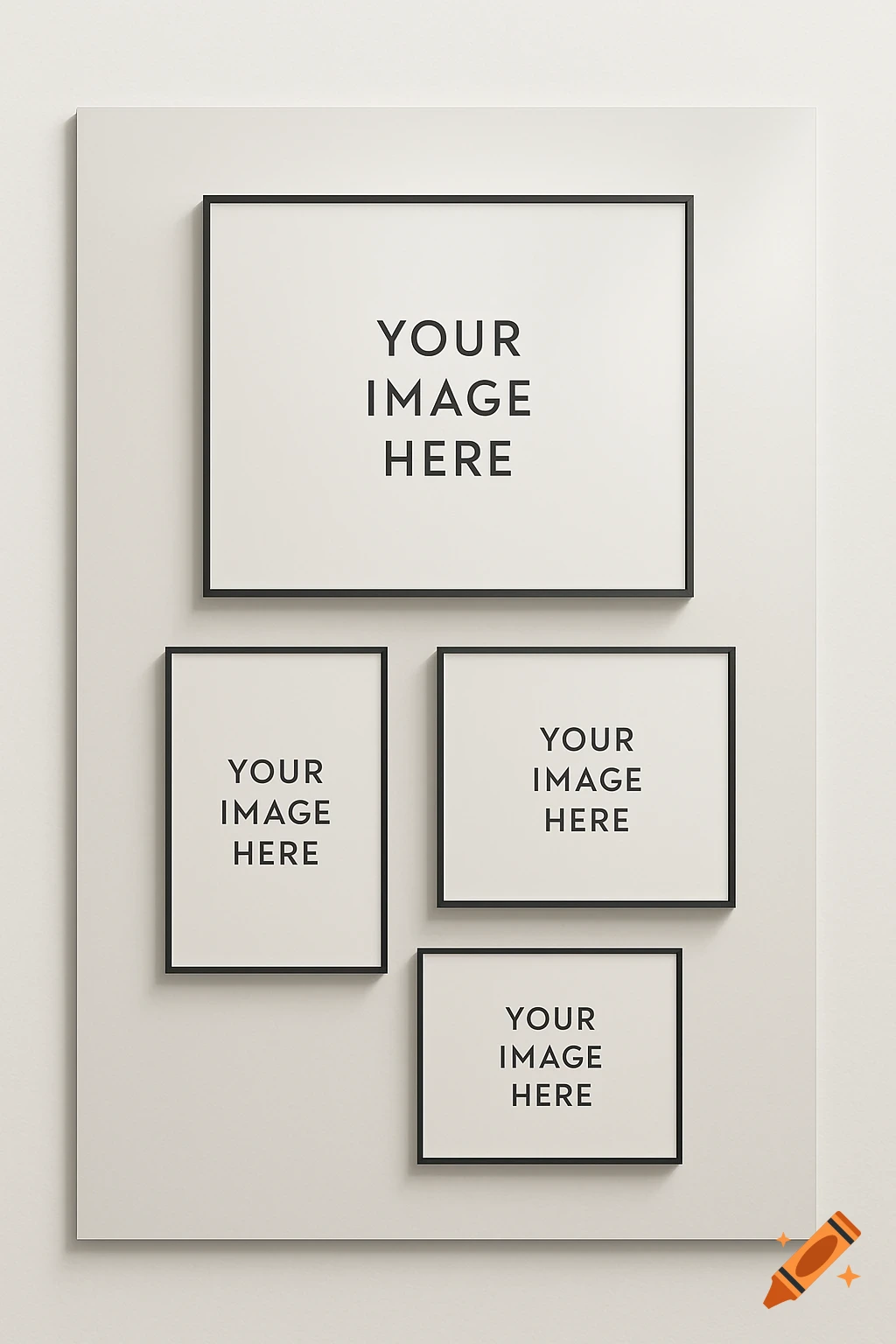 Four empty black-framed picture frames with 'YOUR IMAGE HERE' placeholder text, arranged on a beige panel in a gallery setting.