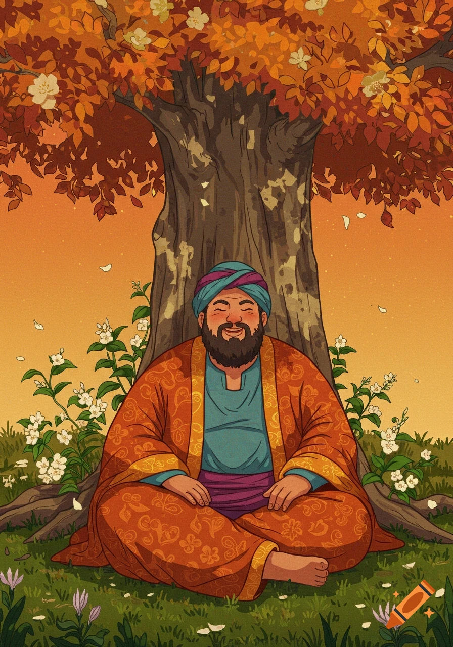 A smiling bearded man in orange robes and a blue turban sits cross-legged under a vibrant autumn tree with white flowers, in a cartoon illustration style.