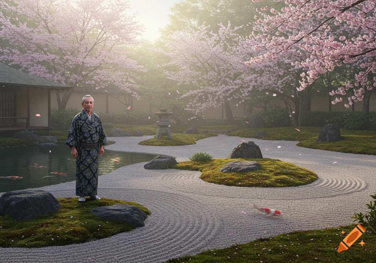 An elderly Japanese man in a kimono stands in a tranquil Japanese garden with cherry blossoms, a pond, and raked gravel, photorealistic.