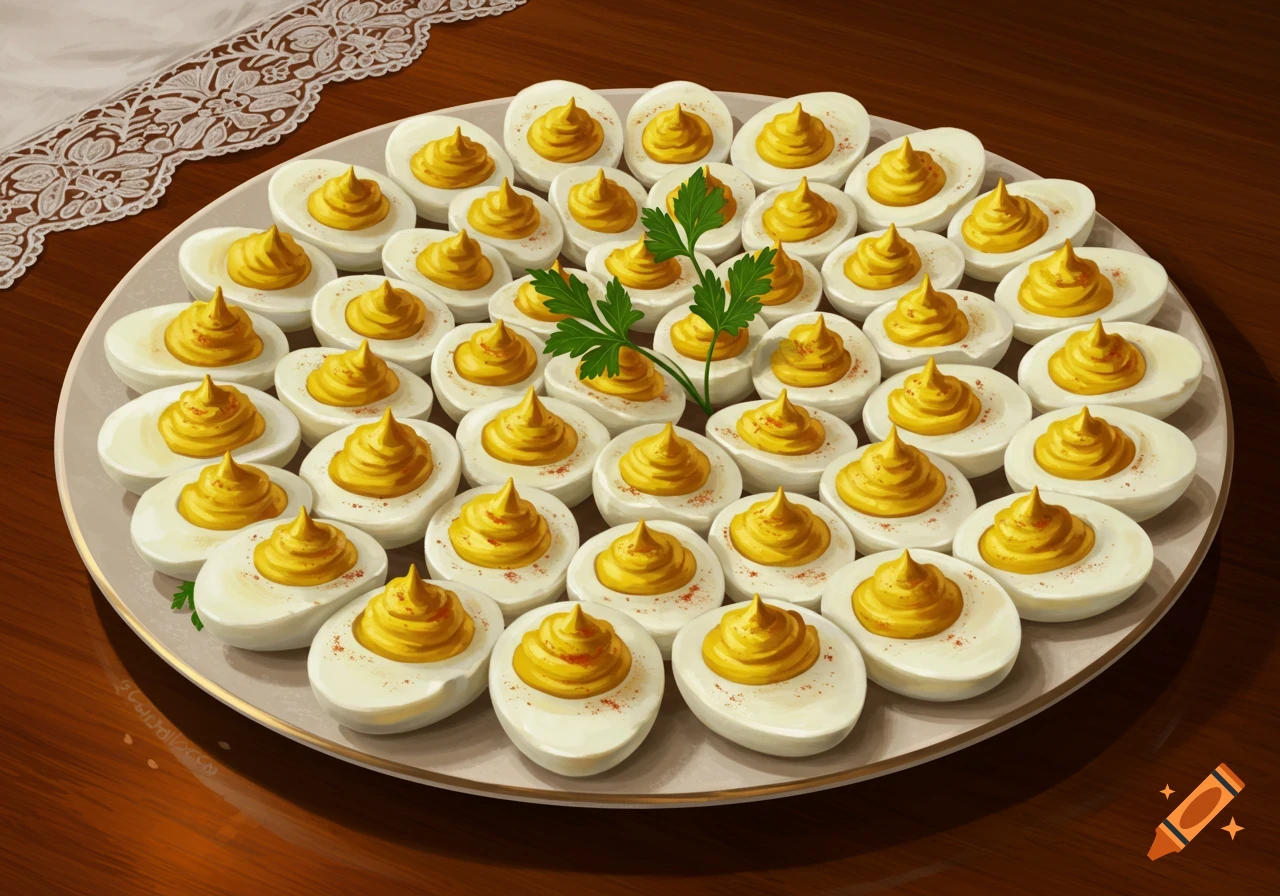 A large plate of deviled eggs, garnished with parsley and paprika, on a dark wooden table with a white lace cloth.