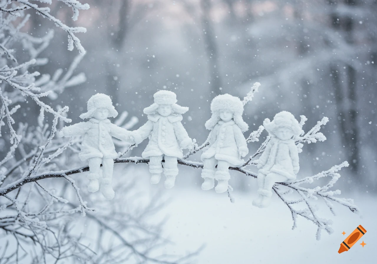 Four snow figures in coats and hats sit on a frosted branch in a snowy winter scene.