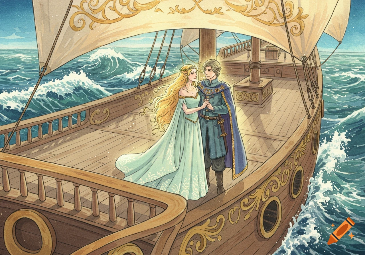 A noble couple, in fantasy attire, holding hands on an ornate royal ship at sea, painted in bright watercolor.