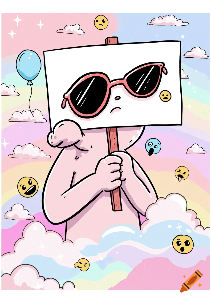 A light pink cartoon character with sunglasses holds a blank sign, surrounded by pastel clouds, various emojis, and a rainbow background.