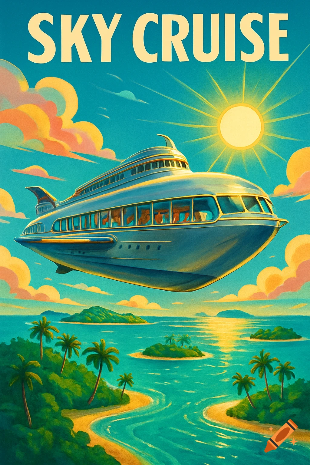 Retro-futuristic poster of a flying cruise ship soaring over tropical islands with palm trees and clear blue water, under a bright sun. Text reads 'SKY CRUISE'.