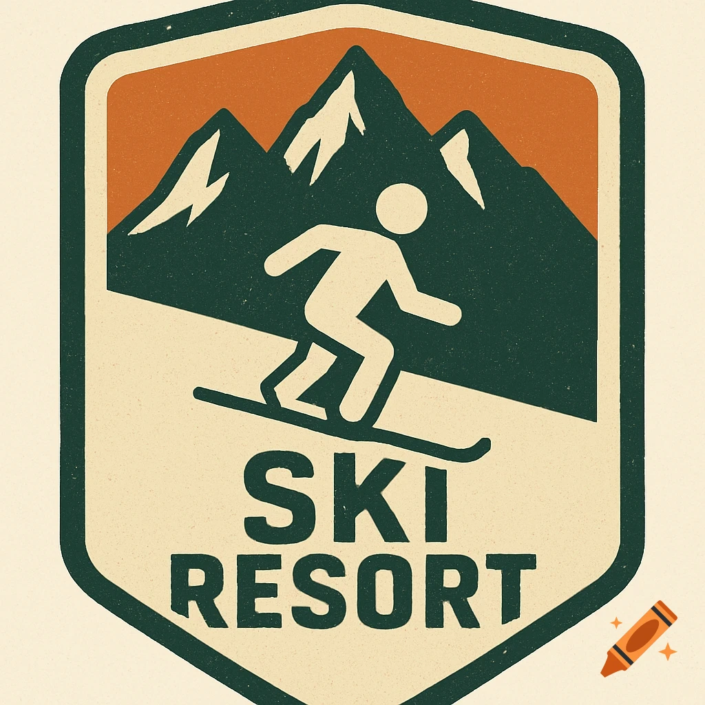 A vintage shield logo for a ski resort, featuring a minimalist skier and mountains.