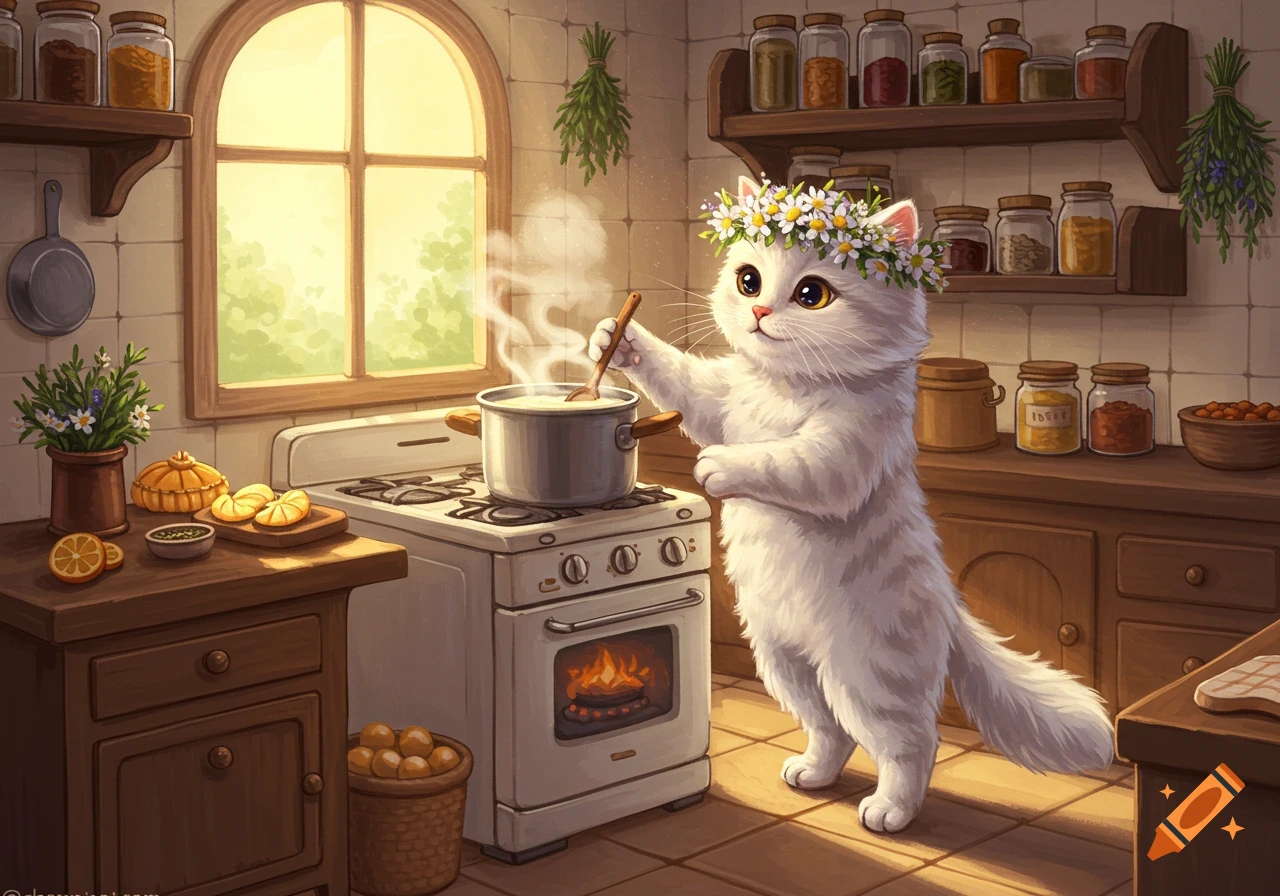 A fluffy white cat wearing a daisy flower crown cooks on a stove in a cozy, sunlit kitchen.