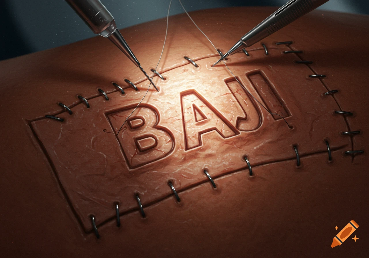 A close-up of skin with the name 'BAJI' carved into it, surrounded by stitches, with surgical tools working on it in a dark, dramatic light.