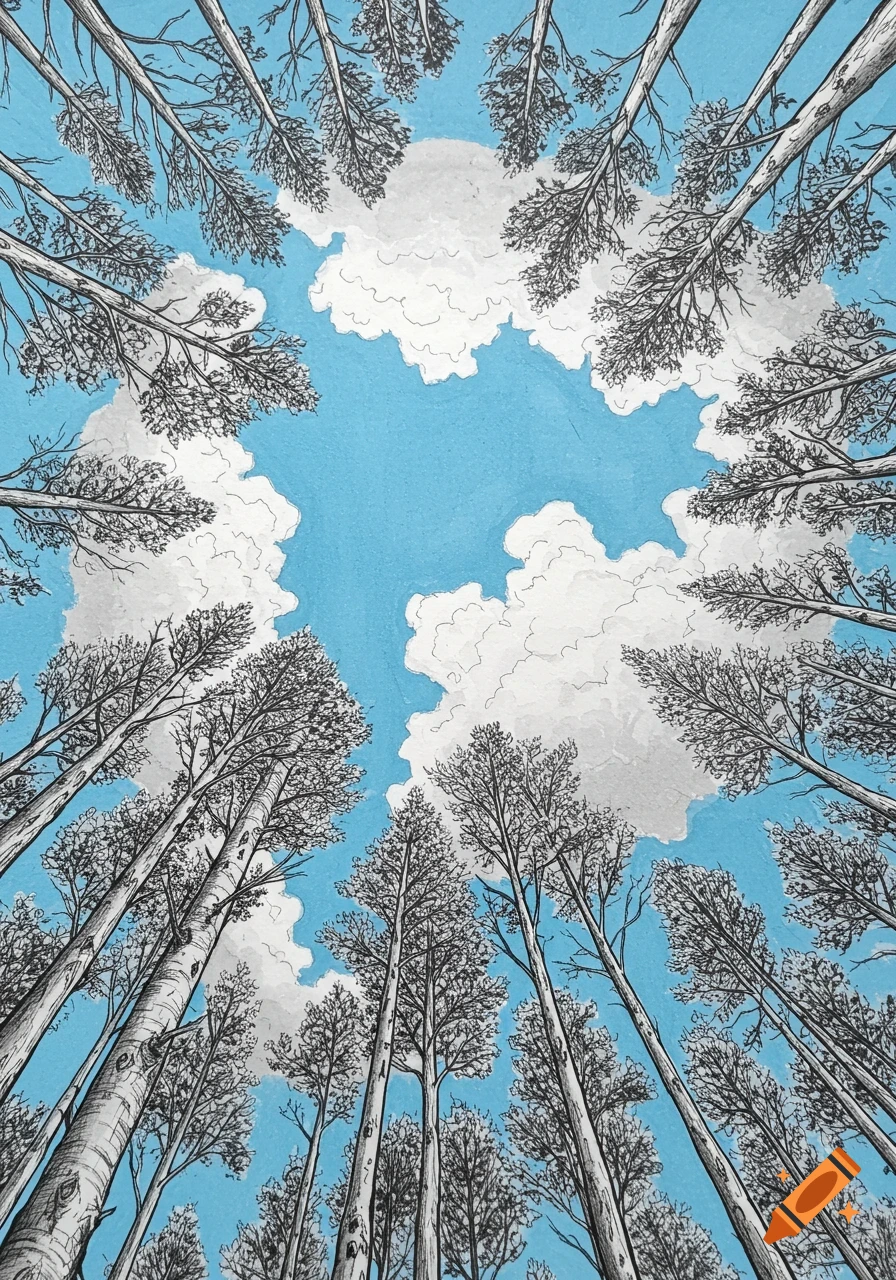 Pencil sketch of tall trees reaching towards a bright blue sky with white clouds, viewed from below.