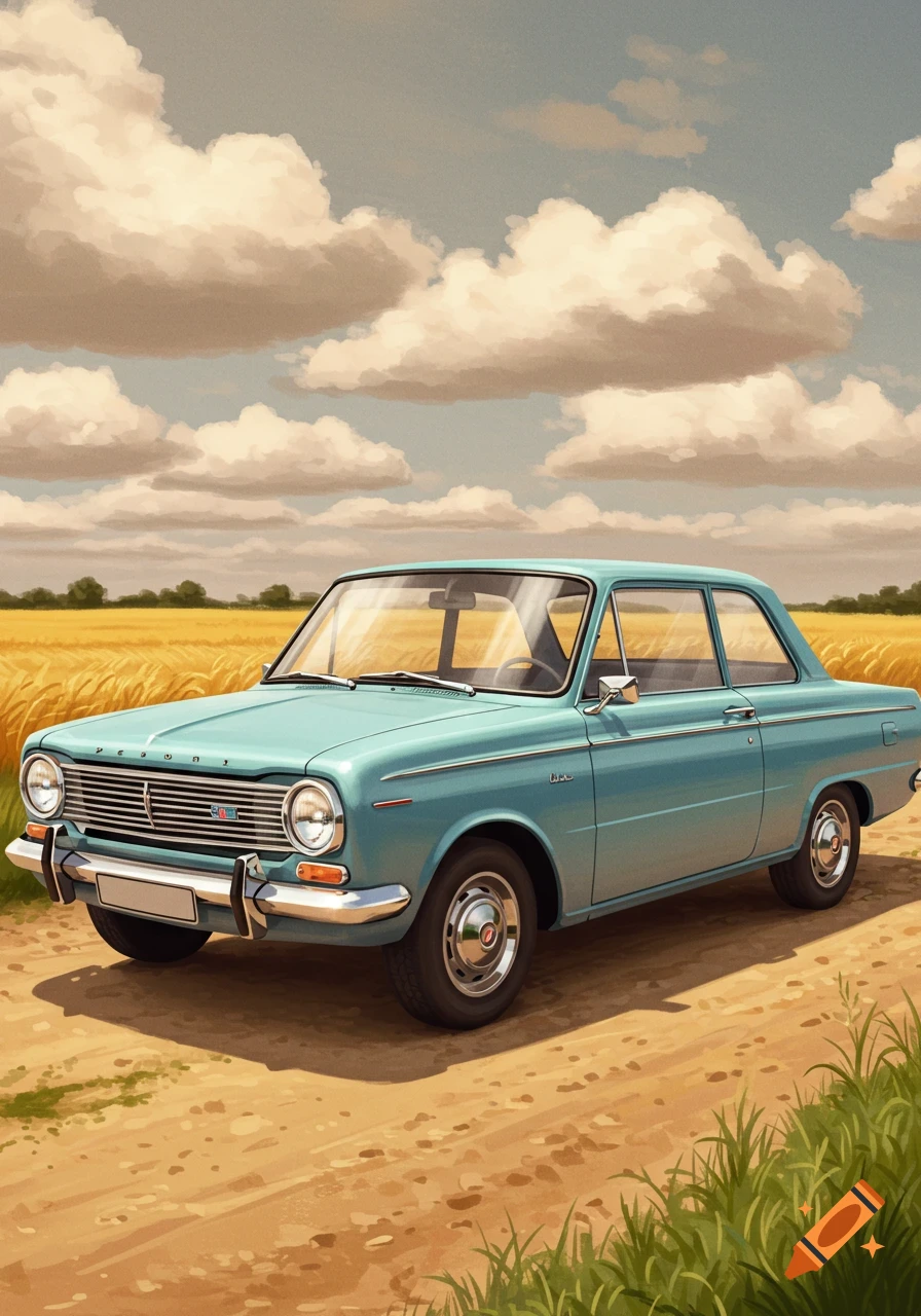 A light blue vintage car with chrome bumpers is parked on a dirt road next to a golden wheat field under a cloudy sky, in an illustration style.