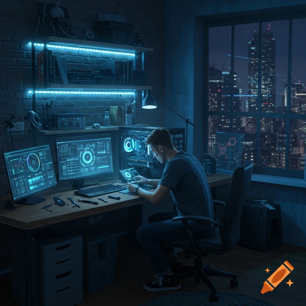 Person working on a multi-monitor computer setup with blue lighting in a room, cityscape visible outside the window at night.