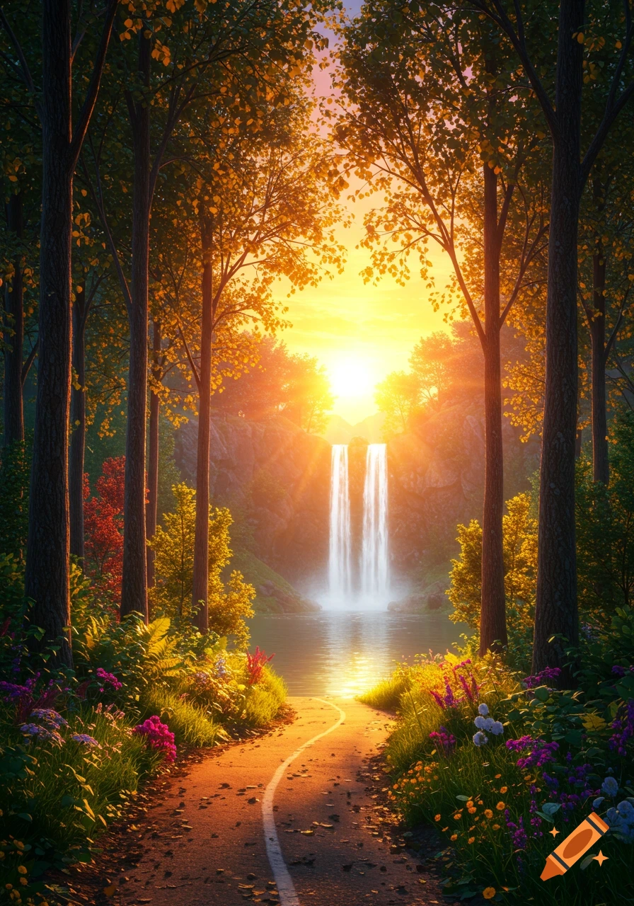 A serene path winds through a vibrant forest with golden leaves ...