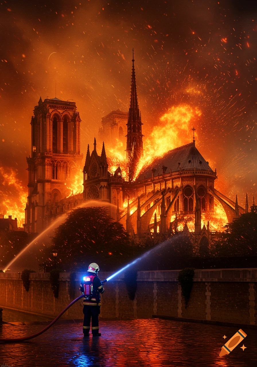 Photorealistic image of a firefighter battling a massive fire engulfing Notre Dame Cathedral, with bright flames and smoke filling the night sky.