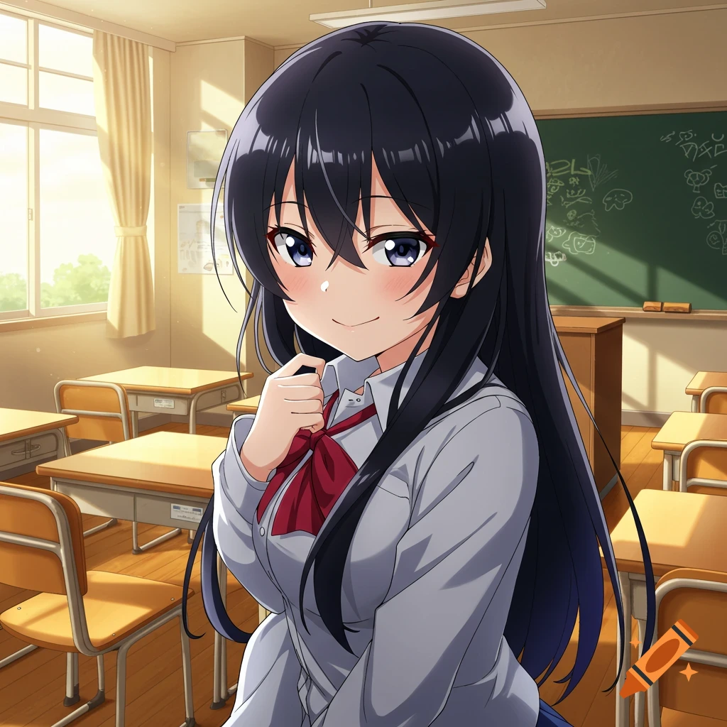 Anime-style schoolgirl with long dark hair, wearing a uniform with a red bow, smiling playfully in a sunlit classroom.