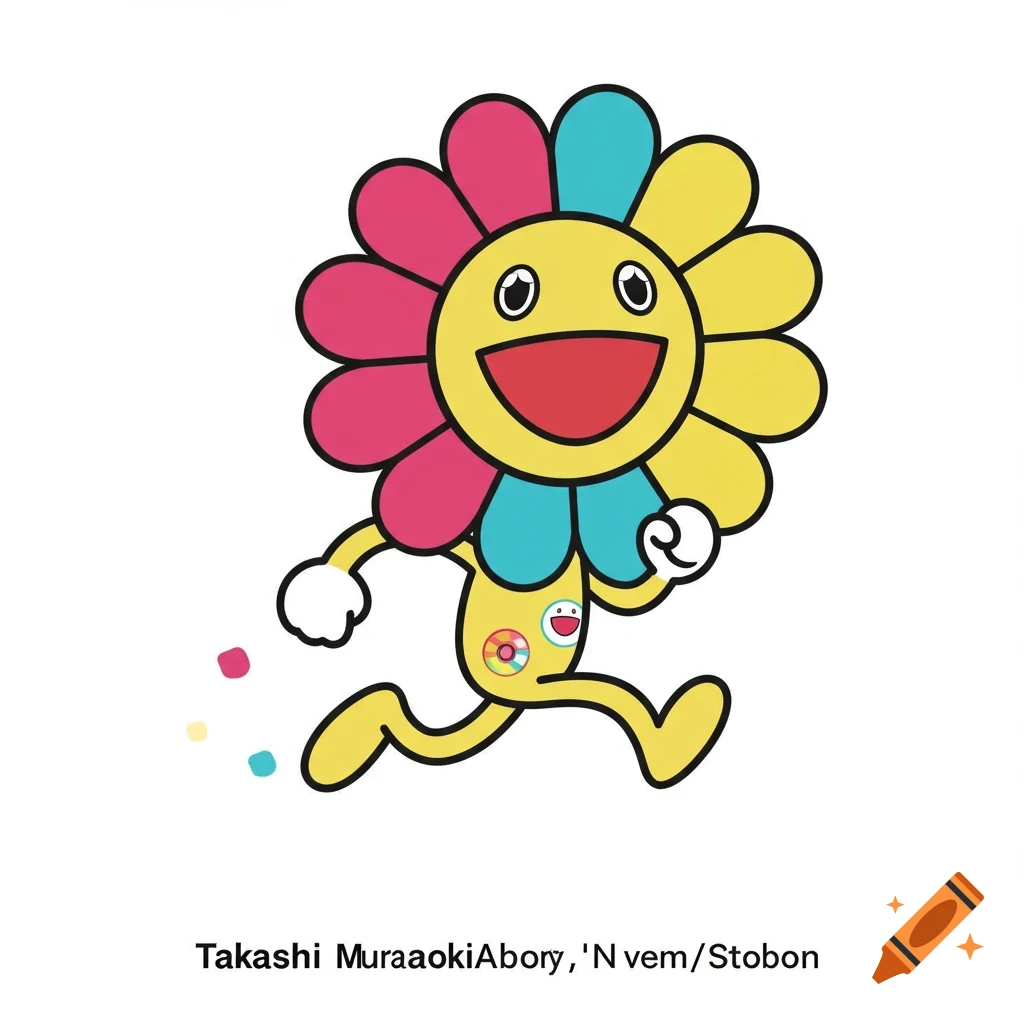 A cheerful, multicolored flower character in Takashi Murakami style, with a yellow face, runs forward.