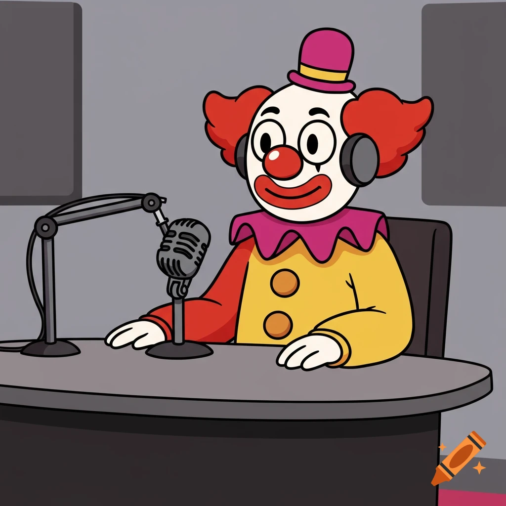Colorful cartoon clown in a fuchsia hat and red-yellow outfit sits at a podcast desk with a microphone.