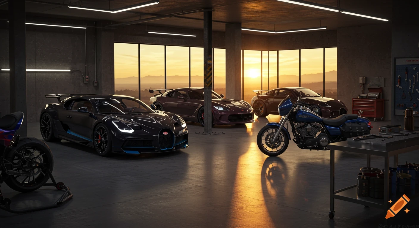 Photorealistic image of a modern garage at sunset, featuring luxury cars like a black Bugatti Divo and dark purple sports cars, and a blue Harley Davidson motorcycle.