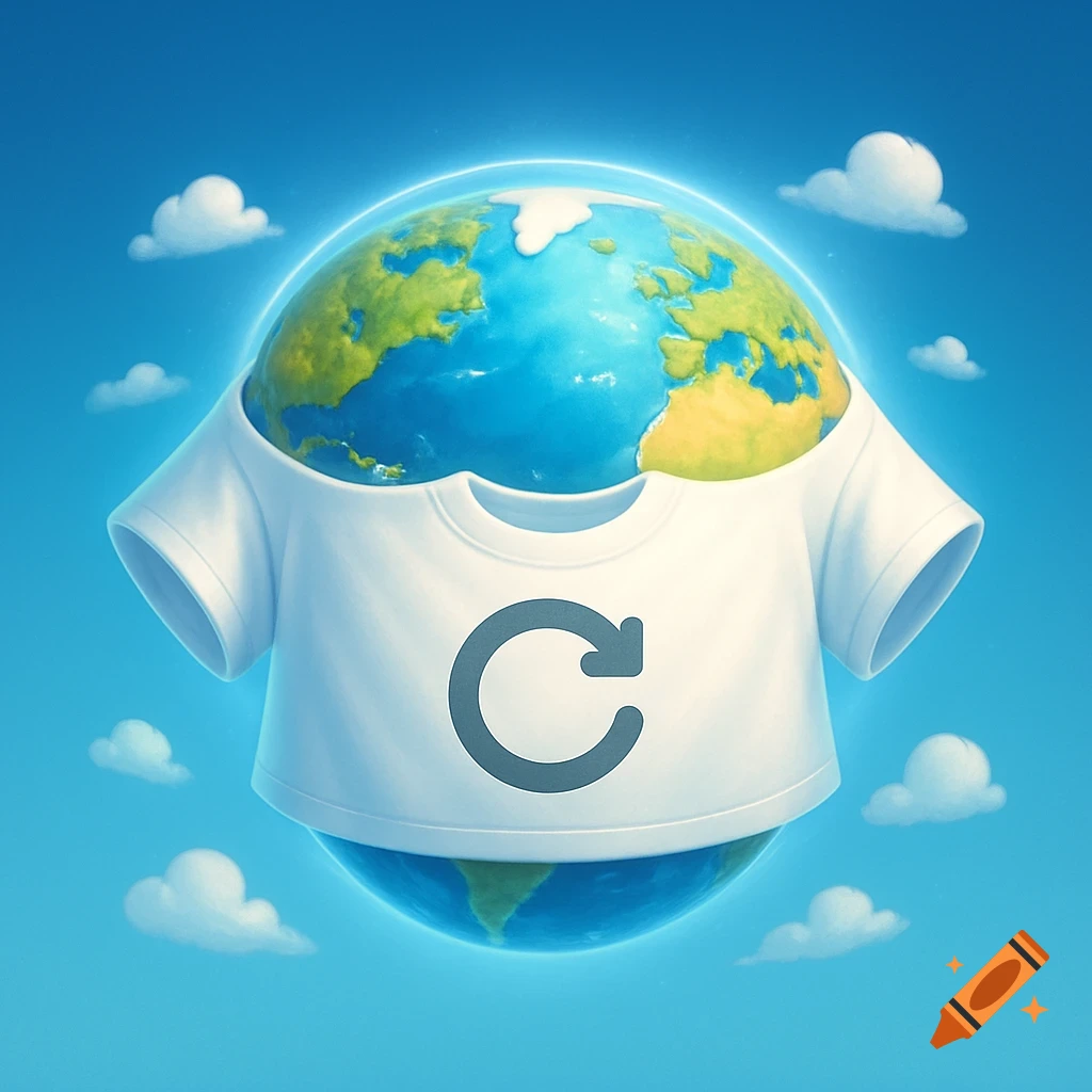 Cartoon Earth wearing a white t-shirt with a gray refresh symbol on a blue sky background with clouds.