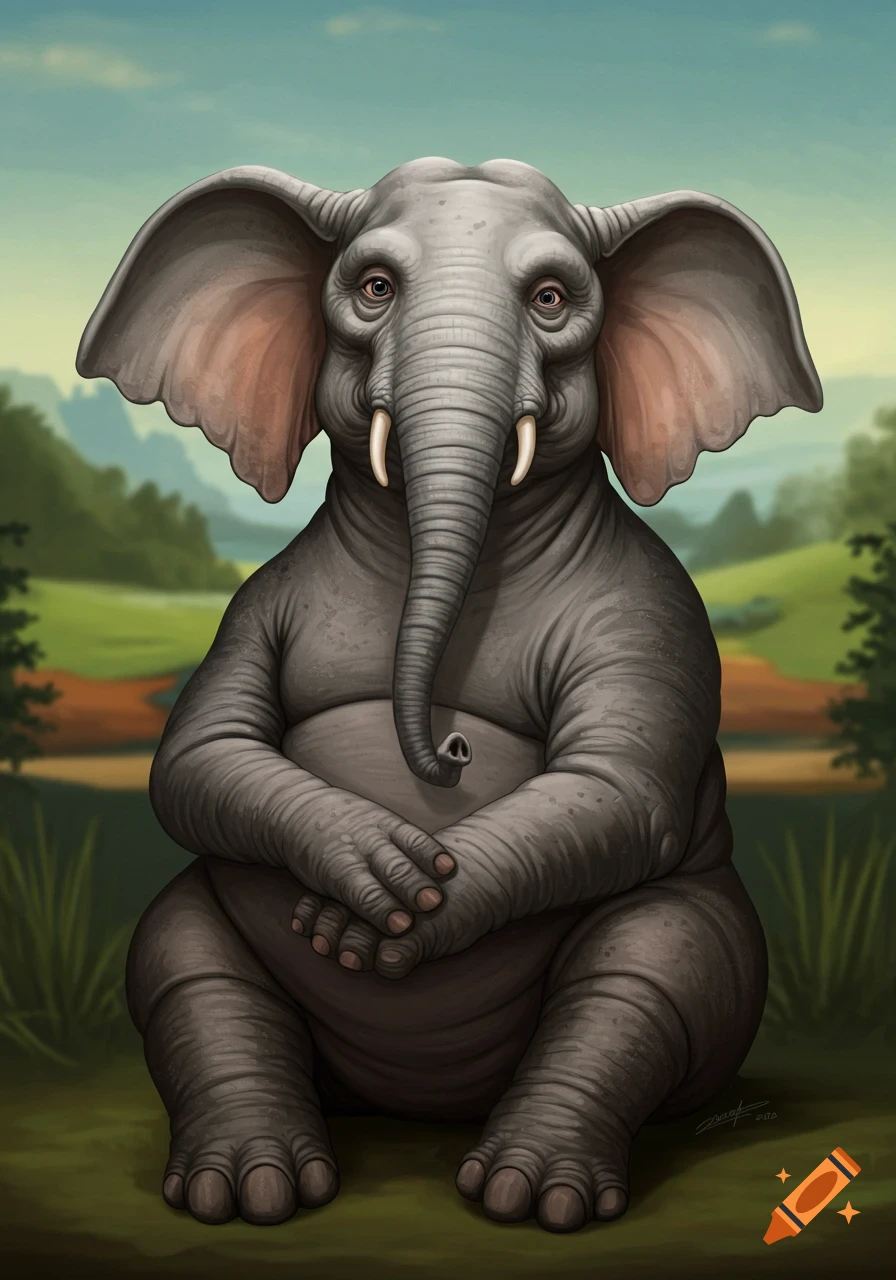 A stylized elephant-hippo hybrid creature with human-like eyes sits cross-legged like the Mona Lisa in a painting, against a green landscape.