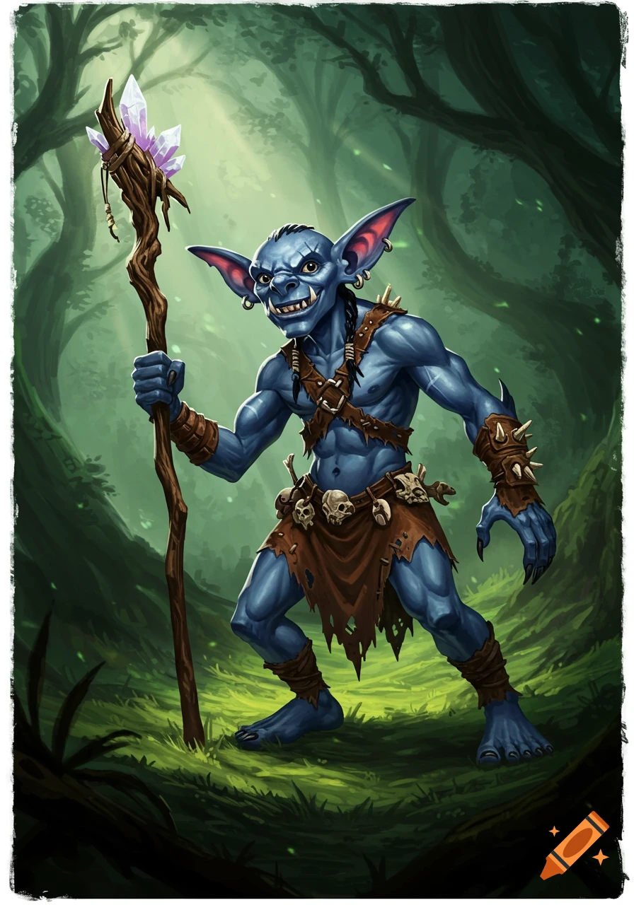A blue goblin with big ears and sharp teeth, holding a crystal-topped staff, stands in a magical forest. It wears tribal clothing with skulls.
