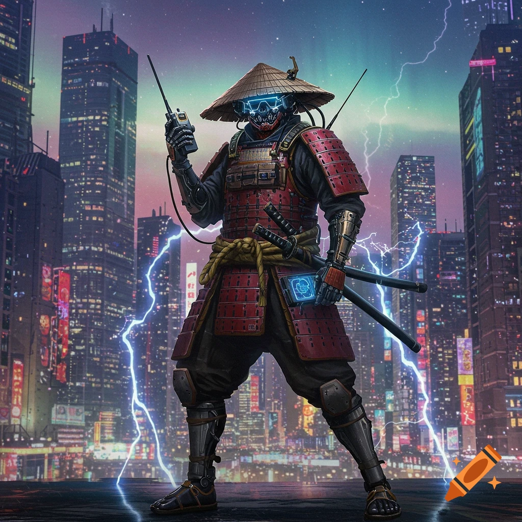 A futuristic samurai in red and black armor, wearing a conical hat and glowing visor, stands in a neon-lit cyberpunk city with lightning.