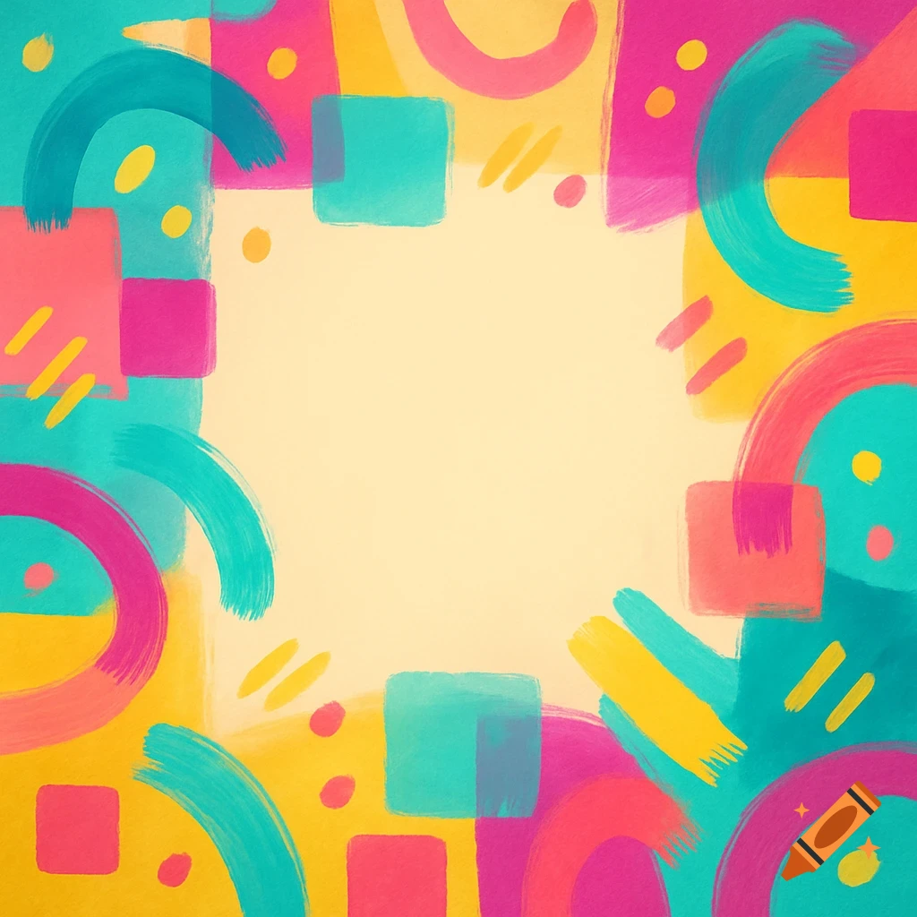 Vibrant abstract pattern with colorful brushstrokes and geometric shapes framing a light yellow center.