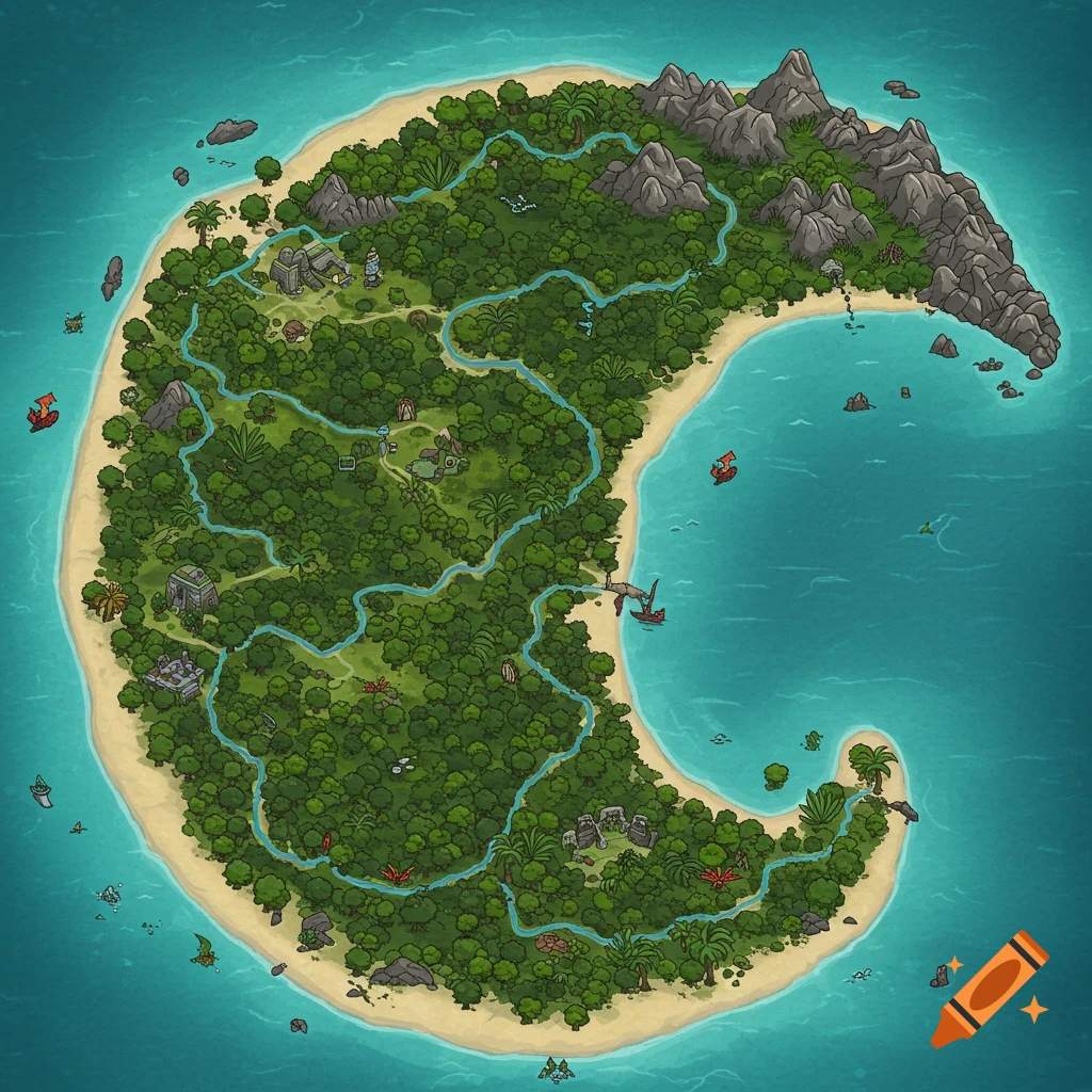 A cartoon-style, top-down map of a crescent-shaped tropical island with a dense jungle, mountains, rivers, and beaches.