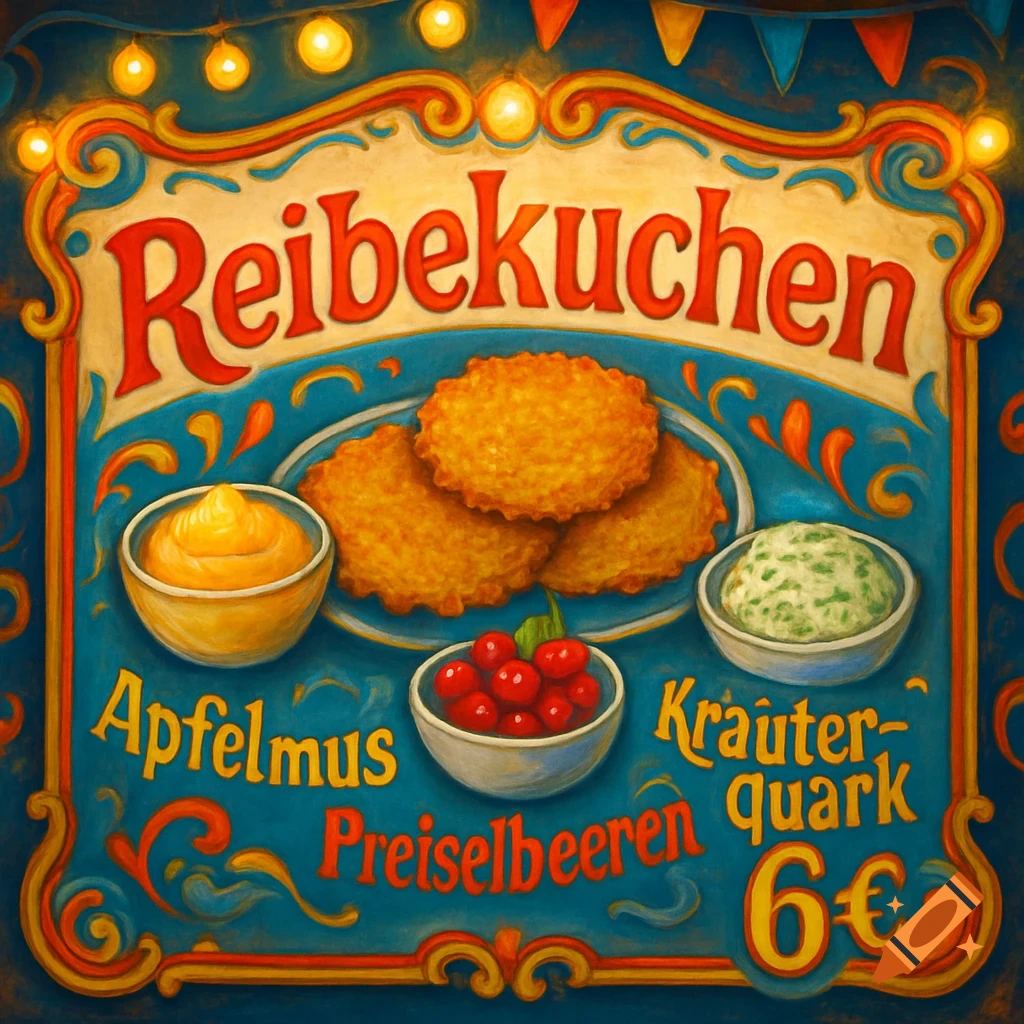 A colorful, carnival-style illustration of a food stall sign advertising "Reibekuchen" (potato pancakes). The sign features text for "Apfelmus", "Preiselbeeren", "Kräuterquark", and "6€", surrounding images of three potato pancakes, a bowl of applesauce, a bowl of cranberries, and a bowl of herbal quark.