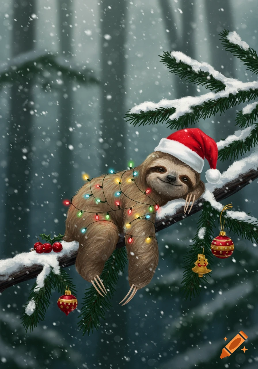 A cute sloth wearing a Santa hat and wrapped in Christmas lights smiles on a snowy tree branch with ornaments in a winter forest illustration.