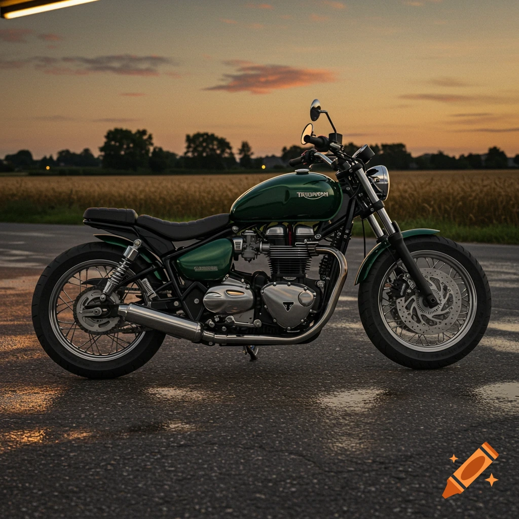A green Triumph Bonneville Bobber motorcycle parked on a wet road at sunset, with a wheat field in the background.