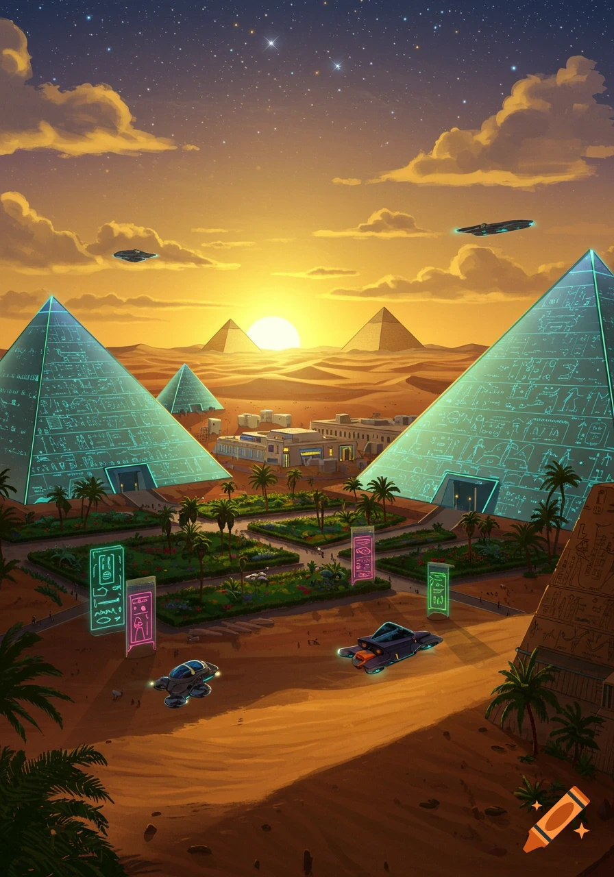 Futuristic Egyptian landscape at sunset with glowing pyramids, flying vehicles, palm trees, and modern buildings under a star-filled sky.