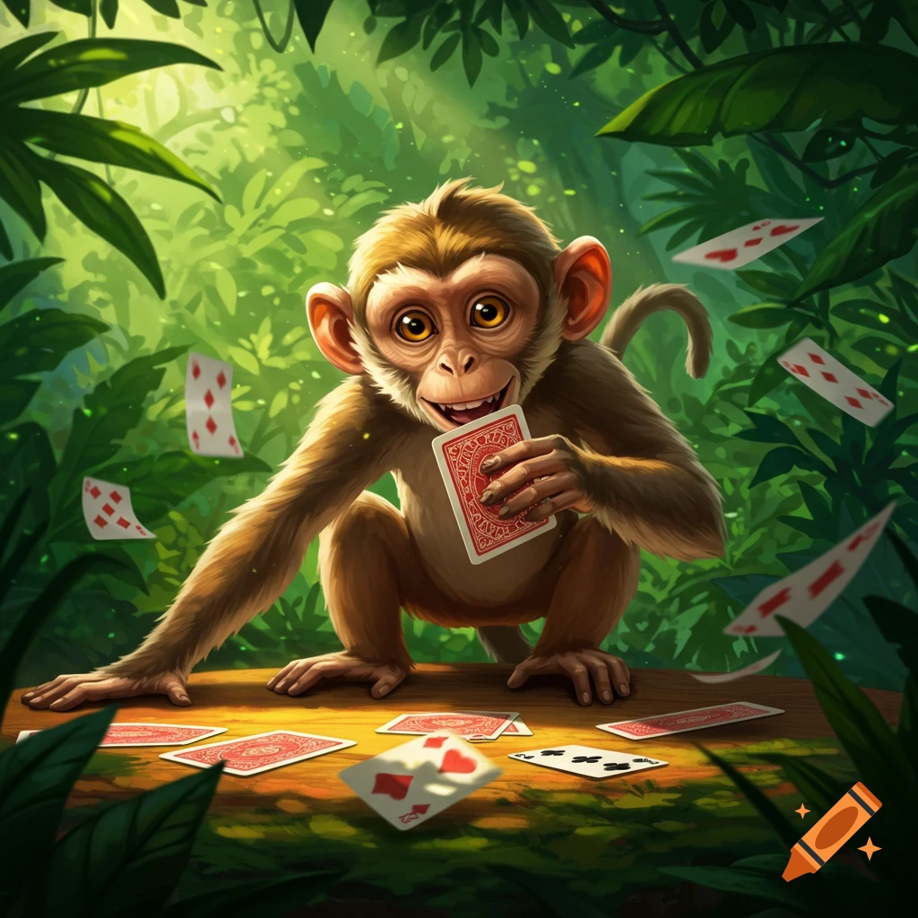 A smiling cartoon monkey sits on a wooden surface in a lush jungle, holding a red playing card while other cards are scattered around and floating in the air.