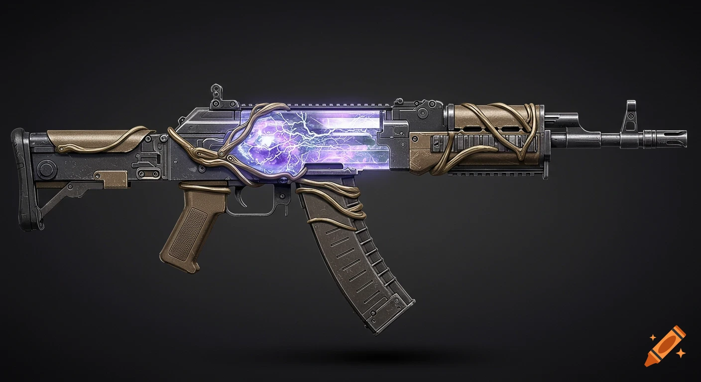 Concept art of a futuristic AK-12 style rifle with a glowing purple lightning crystal and bronze, metallic details on a dark background.
